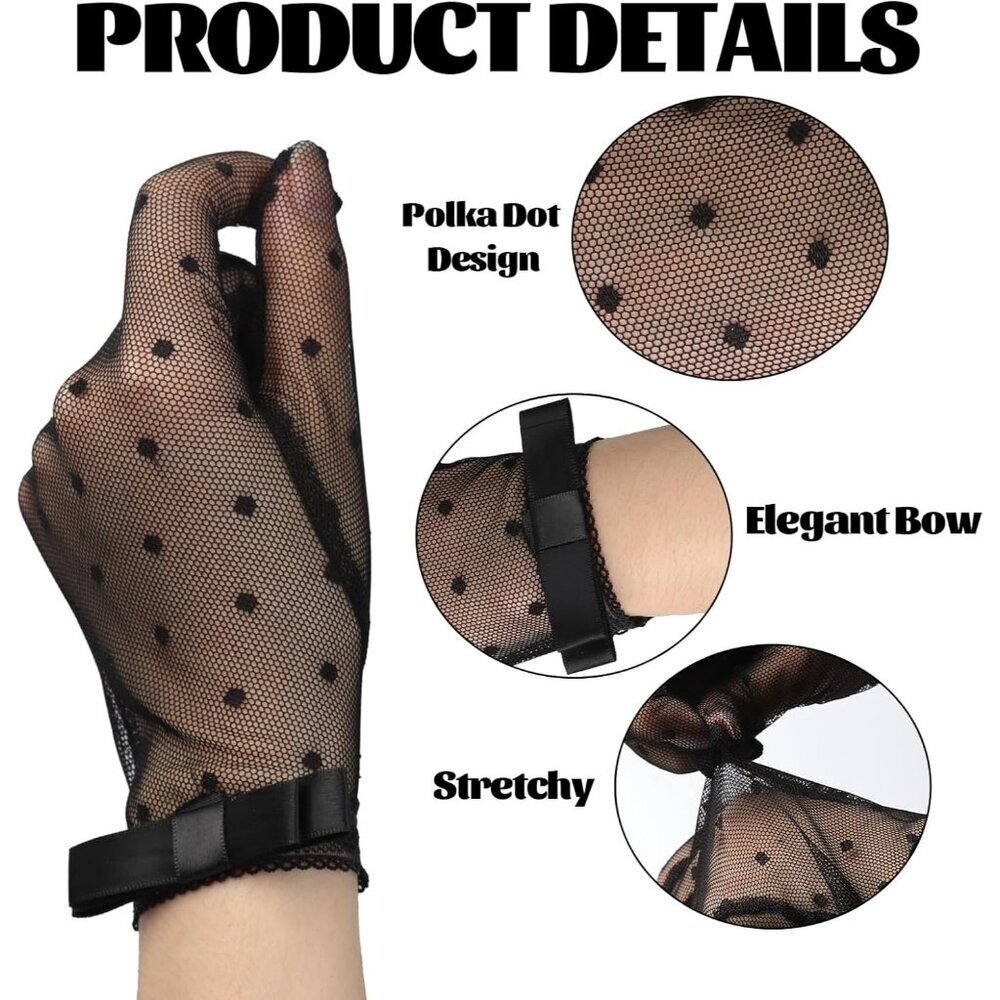 Women's Black Short Mesh Lace Gloves Polka Bow Dots Vintage Tea Party Dinner - Picture 3 of 7